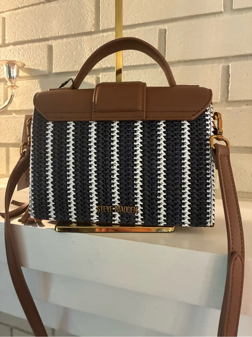 Steve Madden Brown and Navy Woven Style Top-Handle Satchel Crossbody with Tassel - Picture 6 of 16